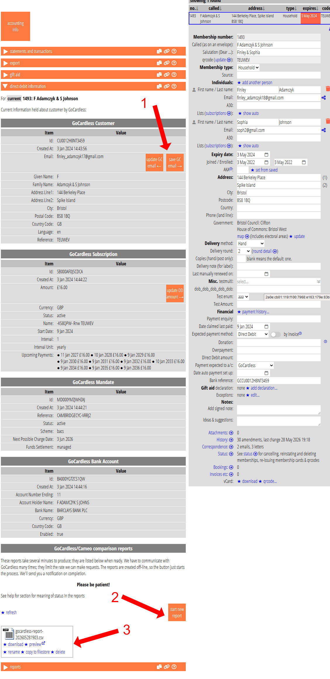 screenshot showing direct debit buttons and reports