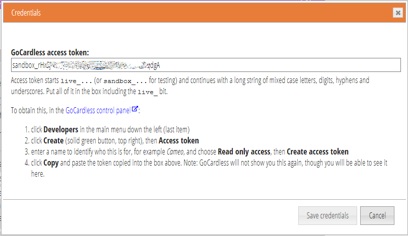 Fig 2: Credentials for GoCardless automatic bank statement import